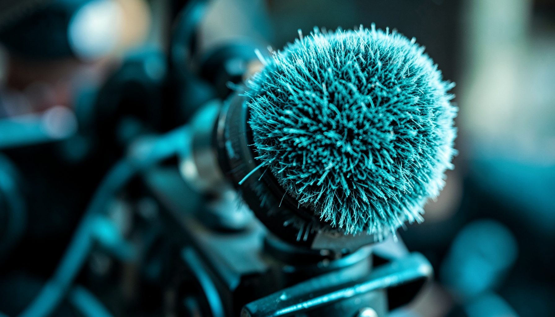 Shotgun microphone with a furry windscreen mounted on a camera rig