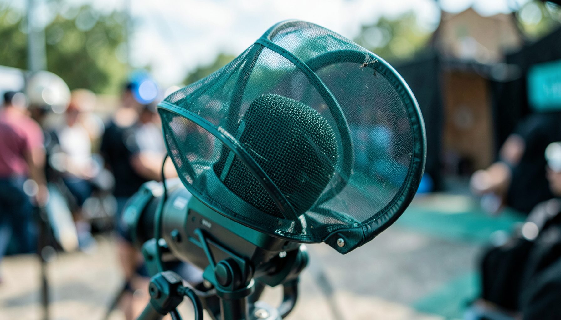 Boom microphone with blimp windscreen on a professional film set outdoors