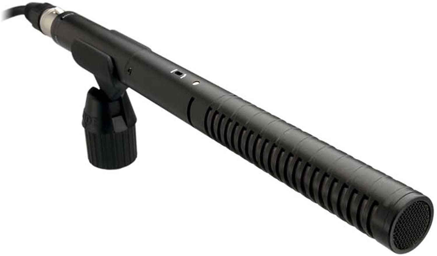 Black shotgun-style microphone with XLR cable on white background