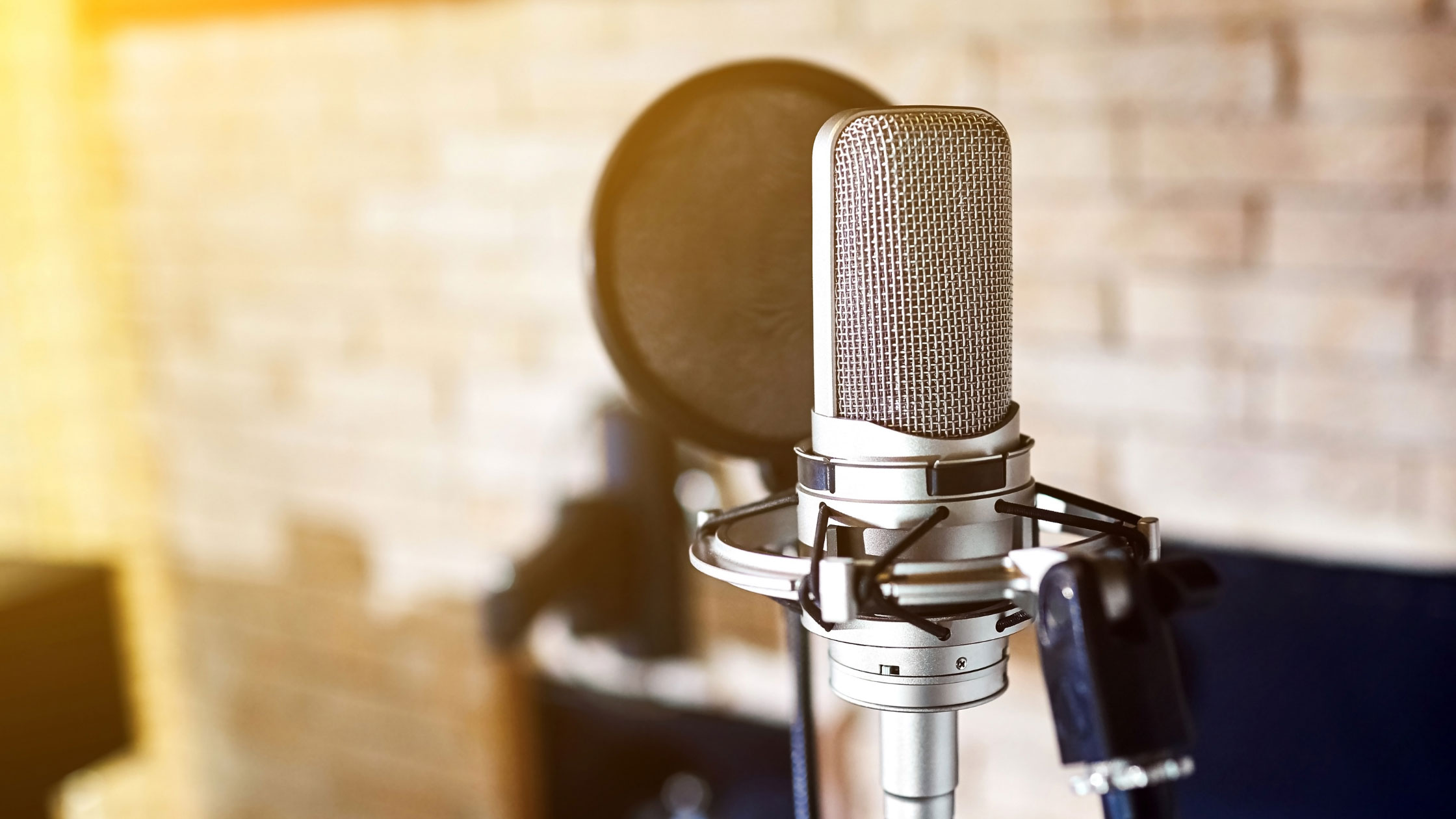 Close-up of a studio condenser microphone with pop filter on a stand, warm blurred brick background, warm mood